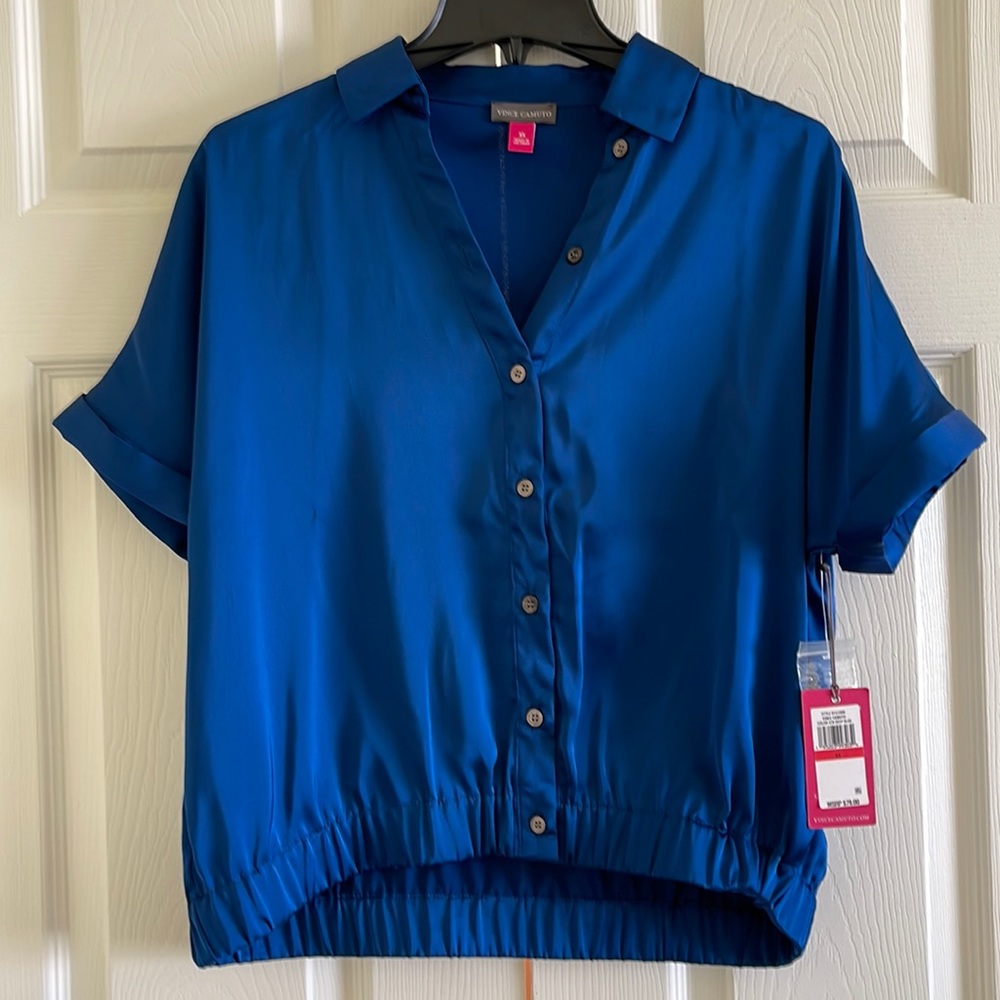 Vince Camuto Cinched Hem Royal Blue Satin Like Buttoned Blouse, Size XS, fits M.